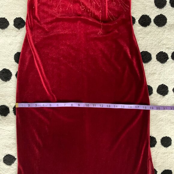 Vintage 90s Red Velvet Maxi Slip Dress Square Neck Glitter Side Slit Long Gown - Picture 15 of 16
